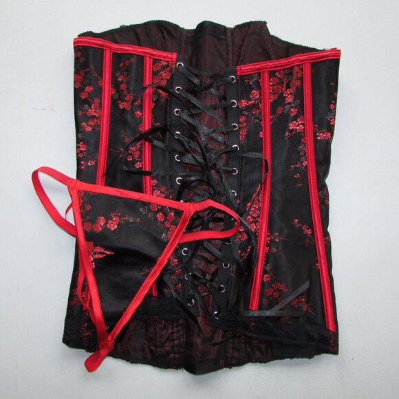 Black Red Asian Themed Jacquard Corset Set - NEW - Picture 6 of 9